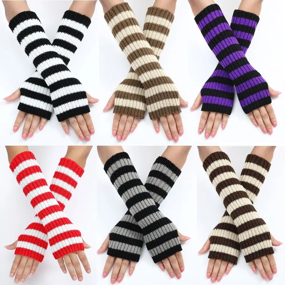 

Half Finger Arm Warm Gloves Punk Knitted Arm Warmers Elbow Mittens False Sleeves Stripe Fingerless Gloves Girls Women