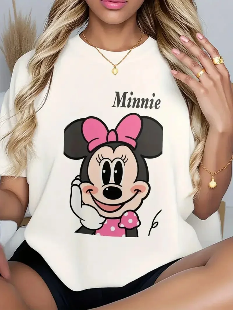 

2025 Disney Pattern Printed Women's Casual Comfortable Unique Smiling Face Black Round Neck Short Sleeve T-shirt