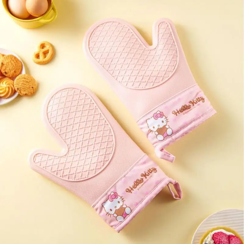 Hello Kitty Heat Insulation Gloves Sanrio Anime Gloves Thicken Silica Gel Cute Girl Baking Kitchen Oven Gloves Wholesale