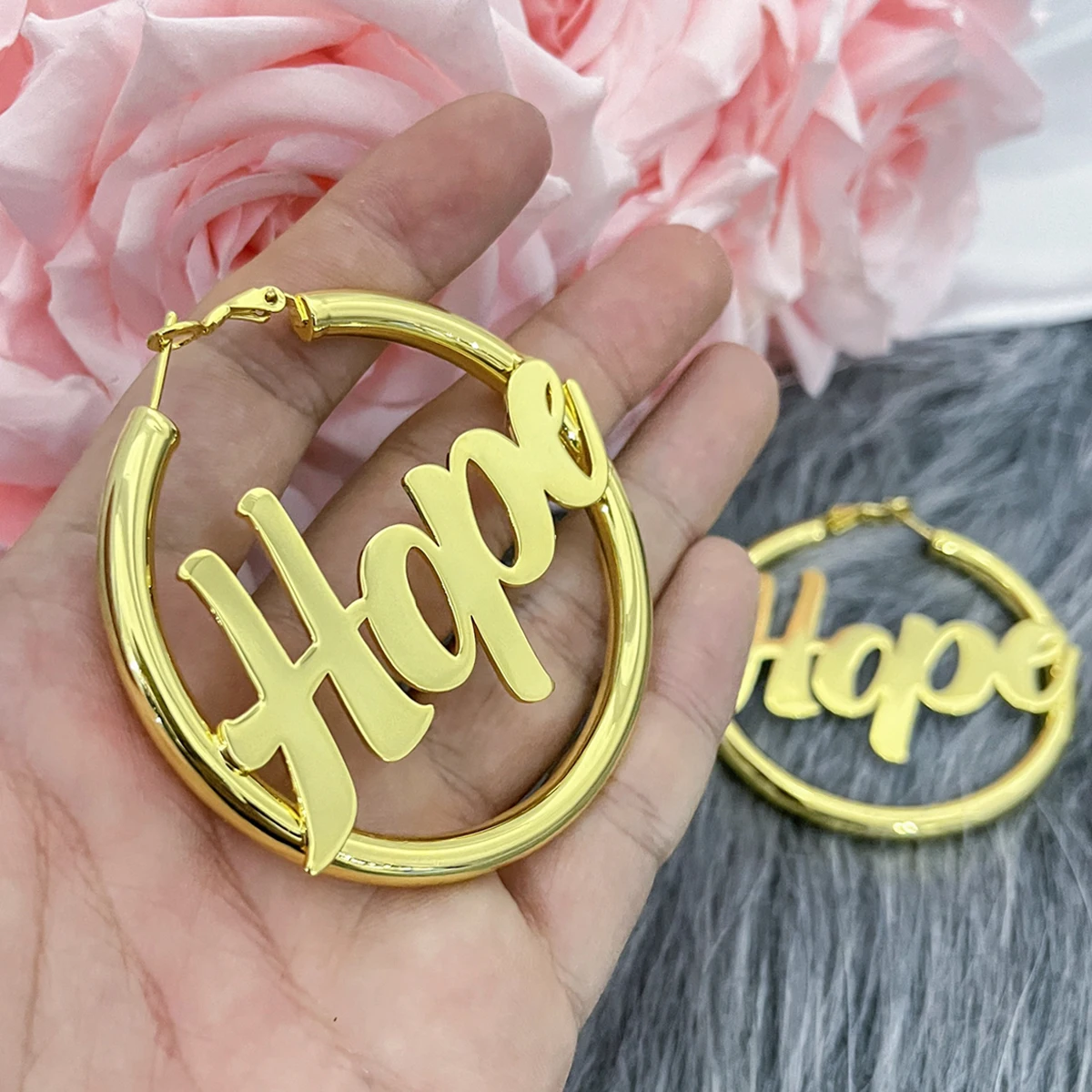 30-60MM Custom Name Earrings 5MM Thick Big Hoops Earrings Stainless Steel Hip Hop Style Earrings Custom Earrings for Women Gift