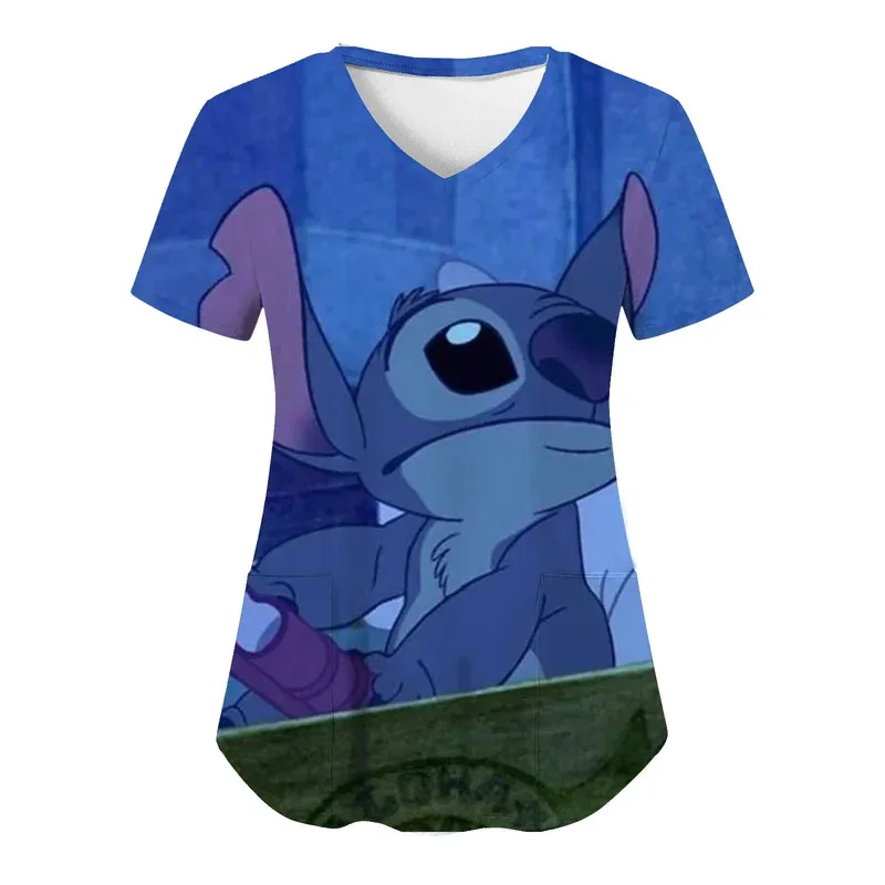 Miniso Nurse Uniform Tops V Neck T Shirt Disney Stitch Hospital Woman Clothes Pocket Top Women 2024 Summer Tshirt Shirts Tees