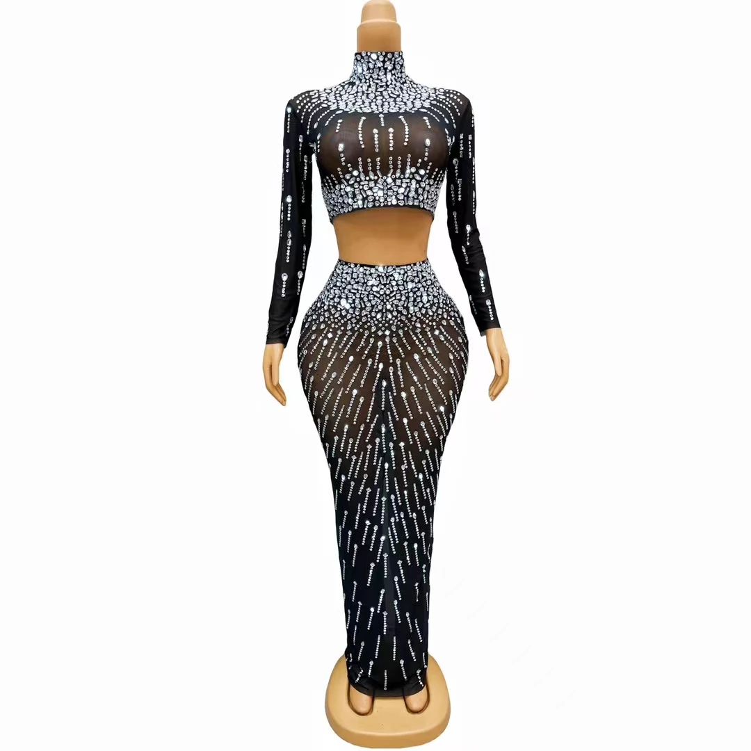 

Luxury Half High Necked Long Sleeved Crystal Mini Top Artificial Silk Inlaid Diamond Tight Skirt Celebrity Party Sexy Dress Set