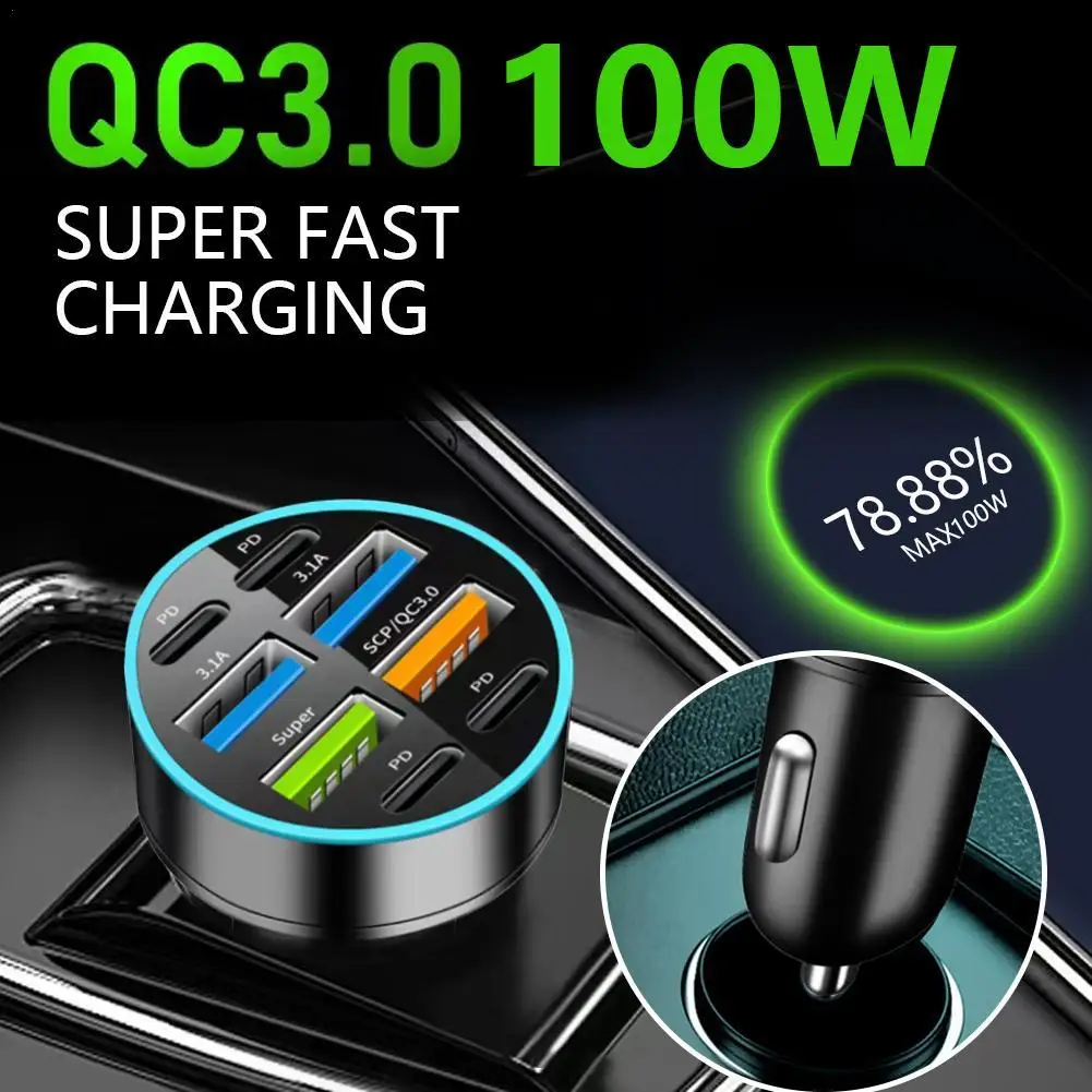 8 Port Car Charger 100w 4USB A+4Type C Fast Charging Car Mobile Phone Adapter For Xiaomi IPhone Oneplus Cellphone