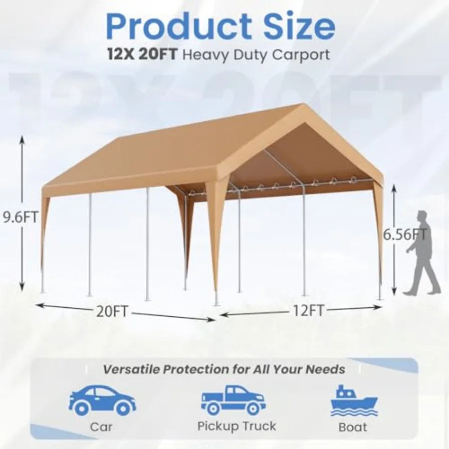 12x20 FT Heavy Duty Portable Garage Without Sidewall for outdoor vehicle storage, polyethylene fabric, gray, weather-resistant