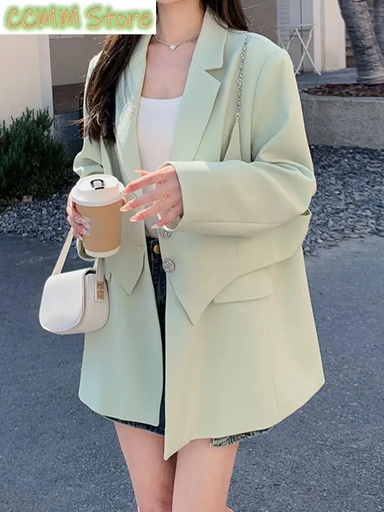 

Women Green False Two Big Size Elegant Blazer New Lapel Long Sleeve Jacket Fashion Tide Spring Autumn