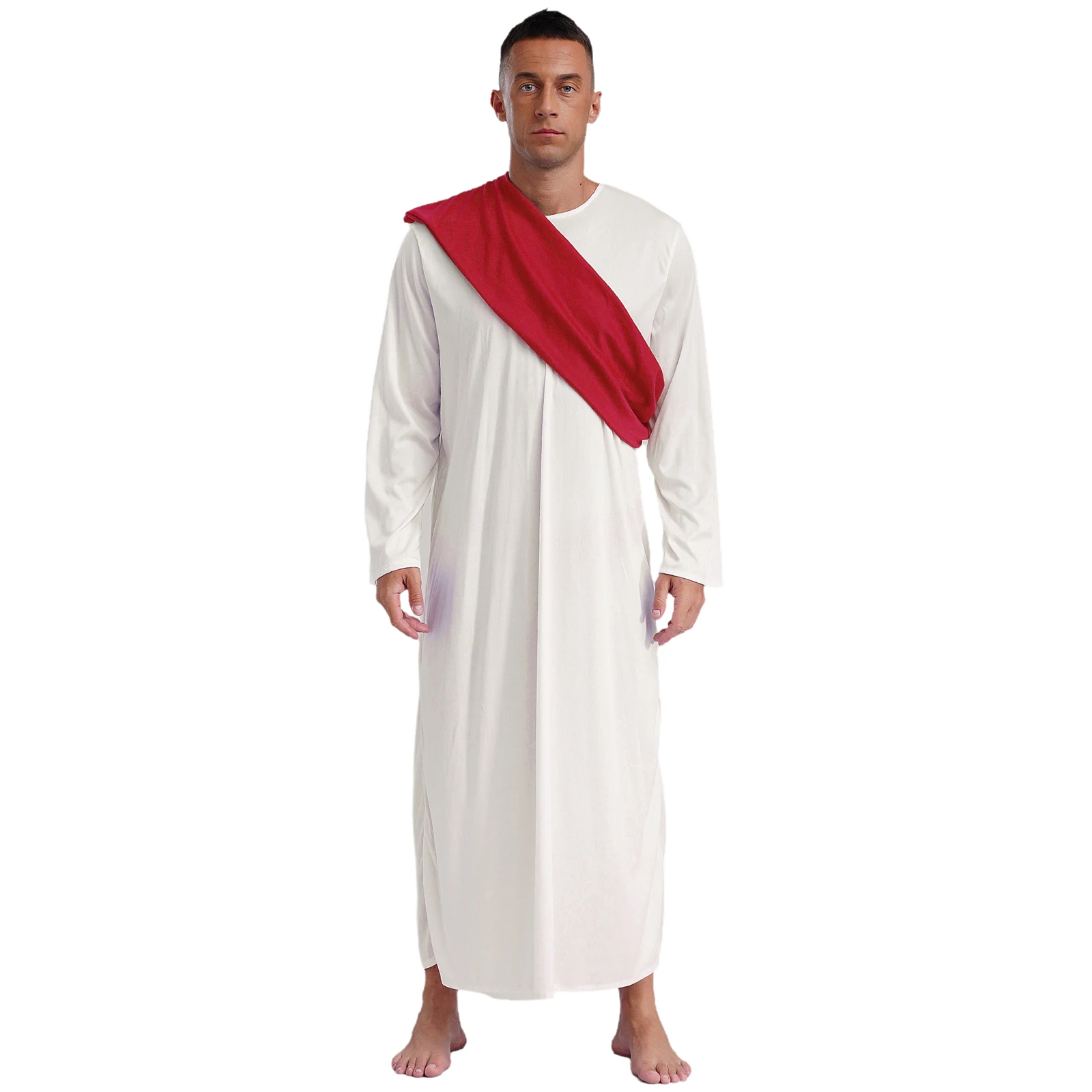 2PCS Mens Halloween Jesus Christ Costume Party Ancient Greek Prince Cosplay Outfits Long Sleeve Toga Robe And Shoulder Shawl