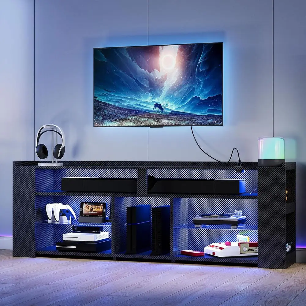 70.9 High Entertainment TV Stand with Storage and Power Outlet for LED Gaming Consoles, Black with Carbon Fiber Look