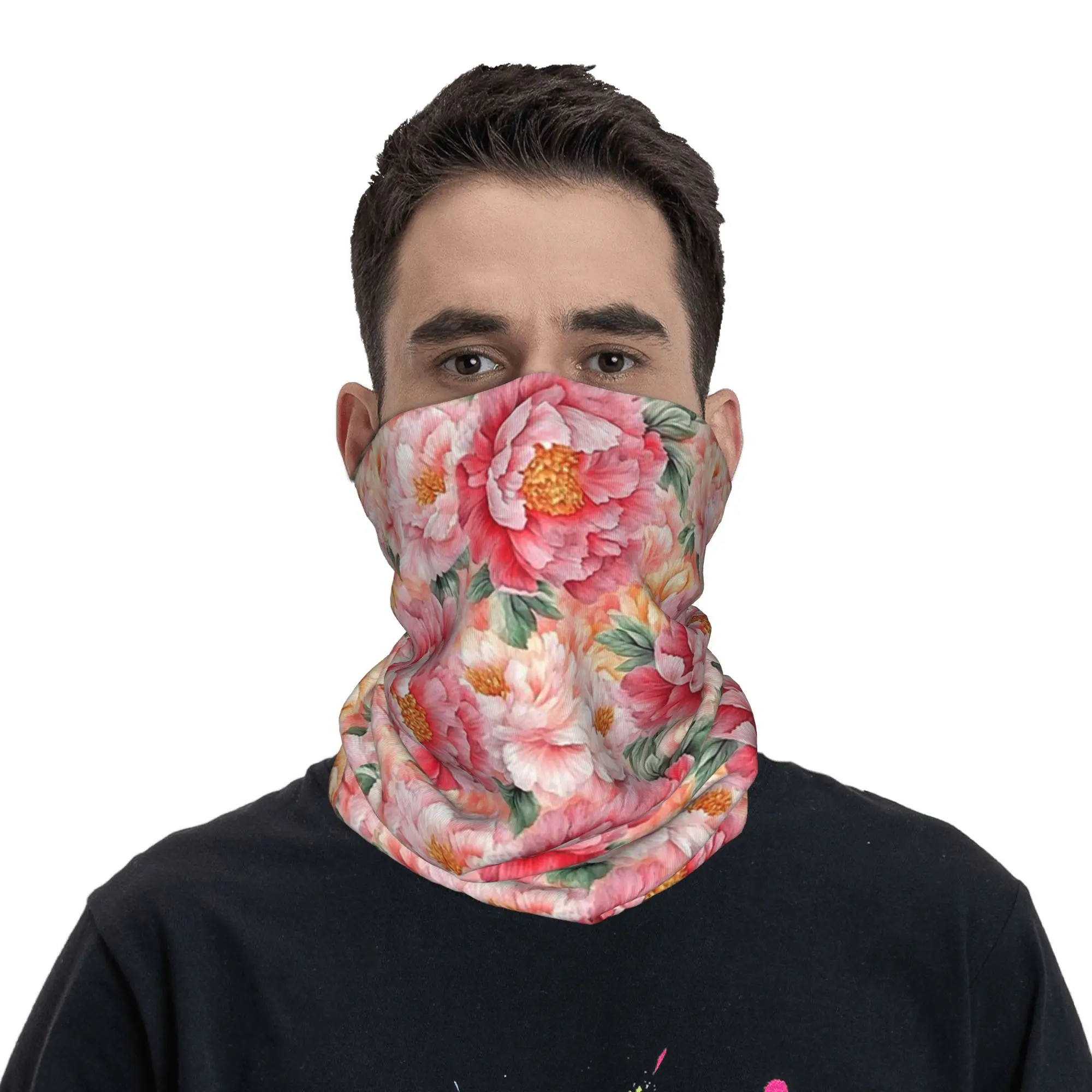 Pretty Pink and Orange Peony Flower Pattern Bandana Neck Gaiter Printed Wrap Mask Scarf Multi-use Headband Riding Unisex Adult