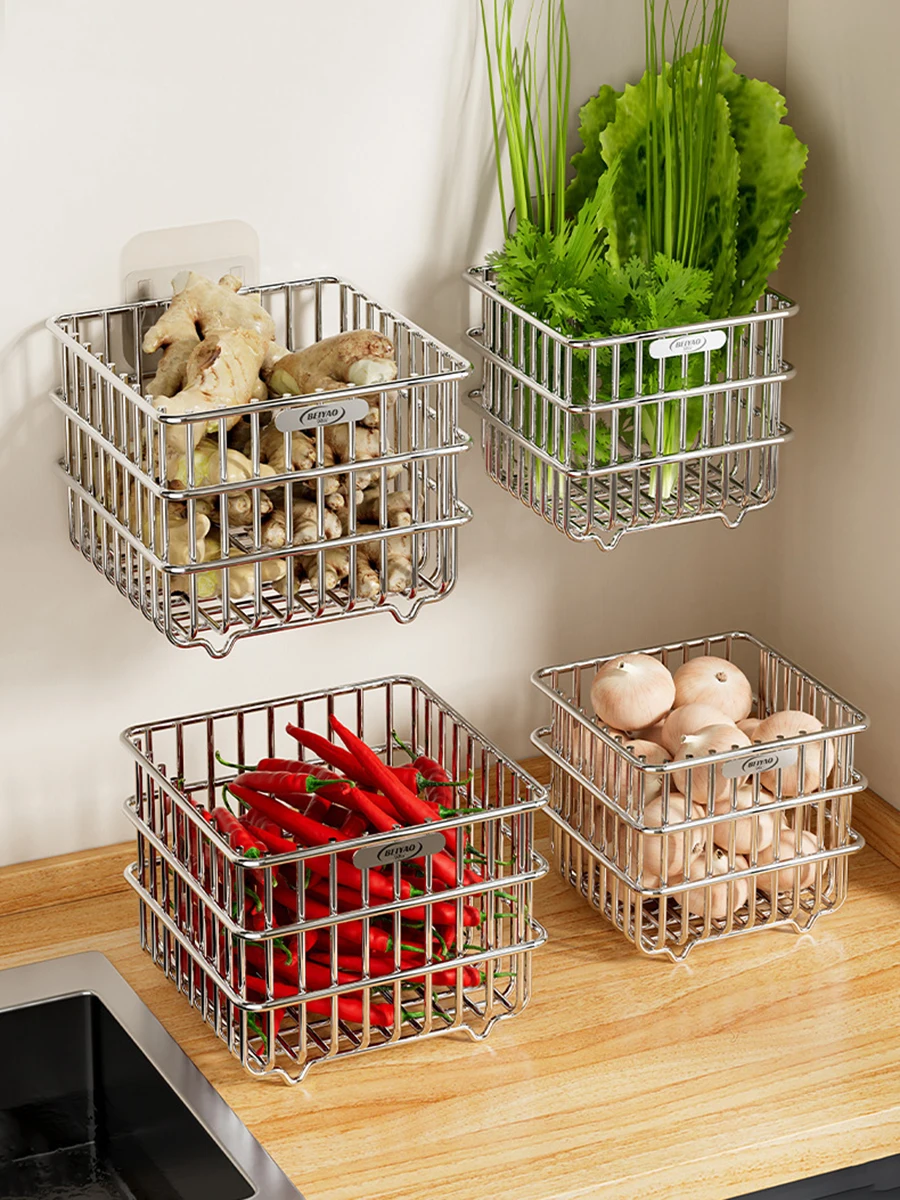 Aufbewahrungskorb für Frühlingszwiebeln, Ingwer, Knoblauch, Ei, Aufbewahrungskorb aus Edelstahl, Wandmontage, nicht perforiert, multifunktionale Aufbewahrungsbox