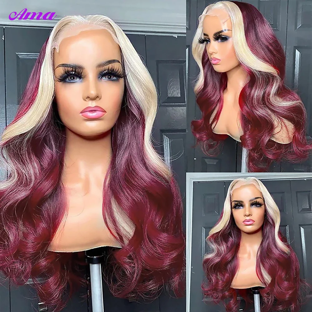 Burgundy 99J Red With 613 Blonde 13x4 Stripe Skunk Lace Front Human Hair Wigs Pre Plucked Glueless Body Wave Lace Front Wig