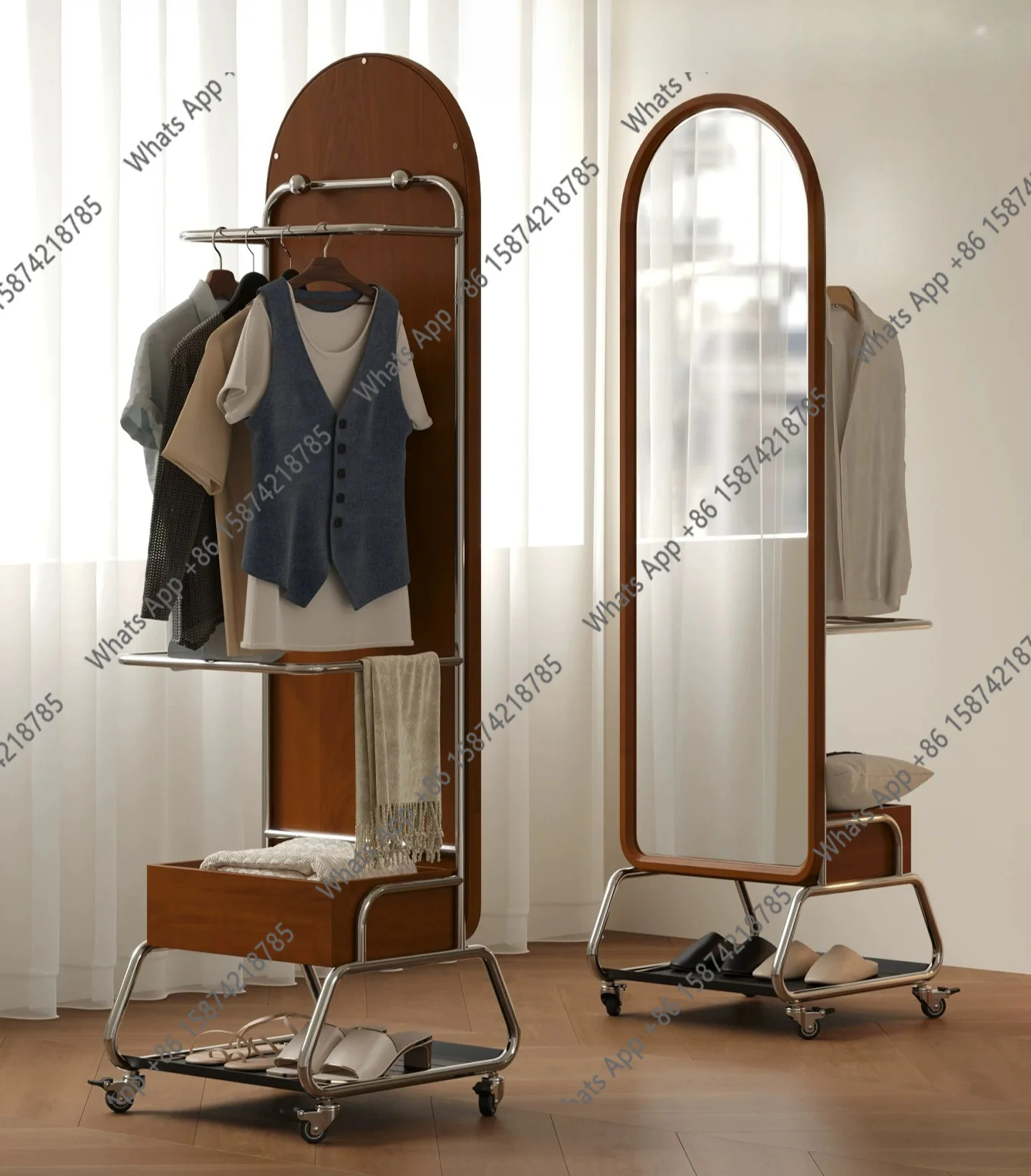 Mirror hat rack medieval solid wood coat rack floor-to-ceiling full-length mirror integrated hanging clothes multi-functional