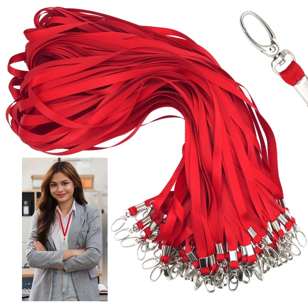 100Pcs Lanyards For ID Badges Bulk Red Neck Lanyards Polyester Flat Lanyards For Kids Adults Neck Straps For Office School Show