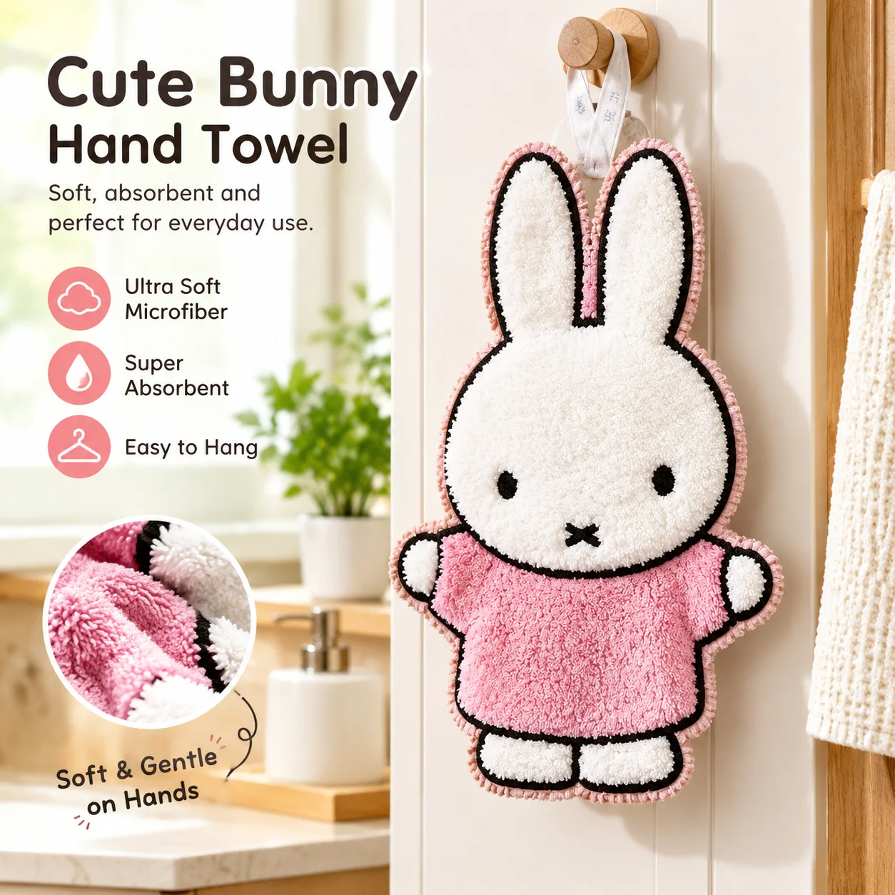 Miffy Rabbit Hand Towel Hangable Cute Cartoon Absorbent Small Thickened Bathroom Kitchen Toilet Washcloth Quick Dry Soft