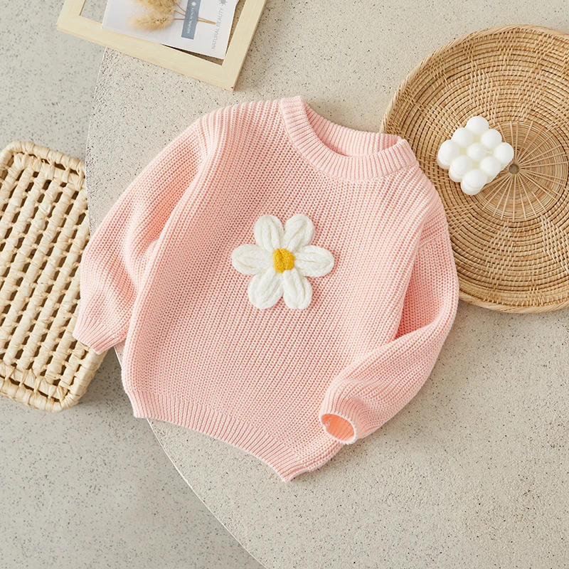 

Suefunskry Kids Baby Girl Sweater Casual Cute Crochet Flowers Knitted Long Sleeve Pullover Infant Fall Winter Warm Knitwear Tops