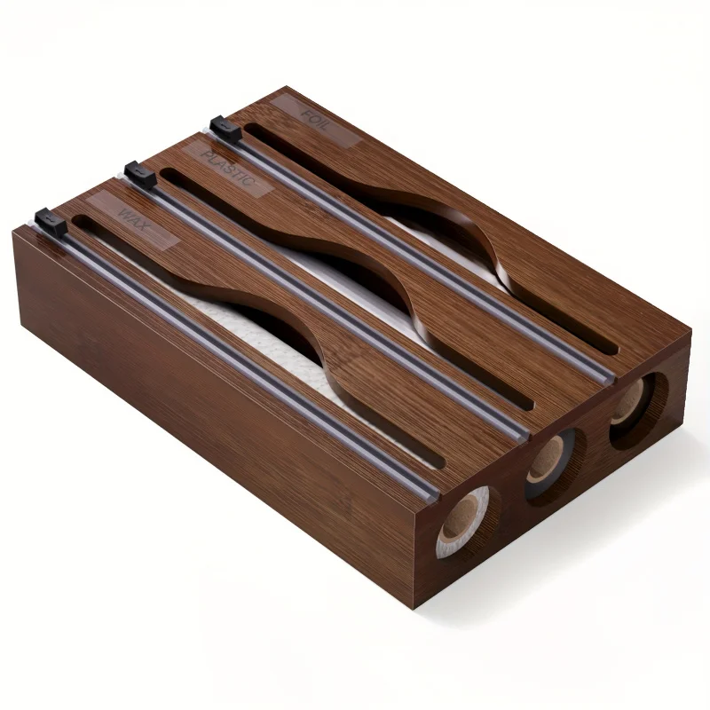 Bamboo Drawer-Style Foil Plastic Wrap Cutter Organizer with Dispenser, Kitchen Storage Box for Food Preservation