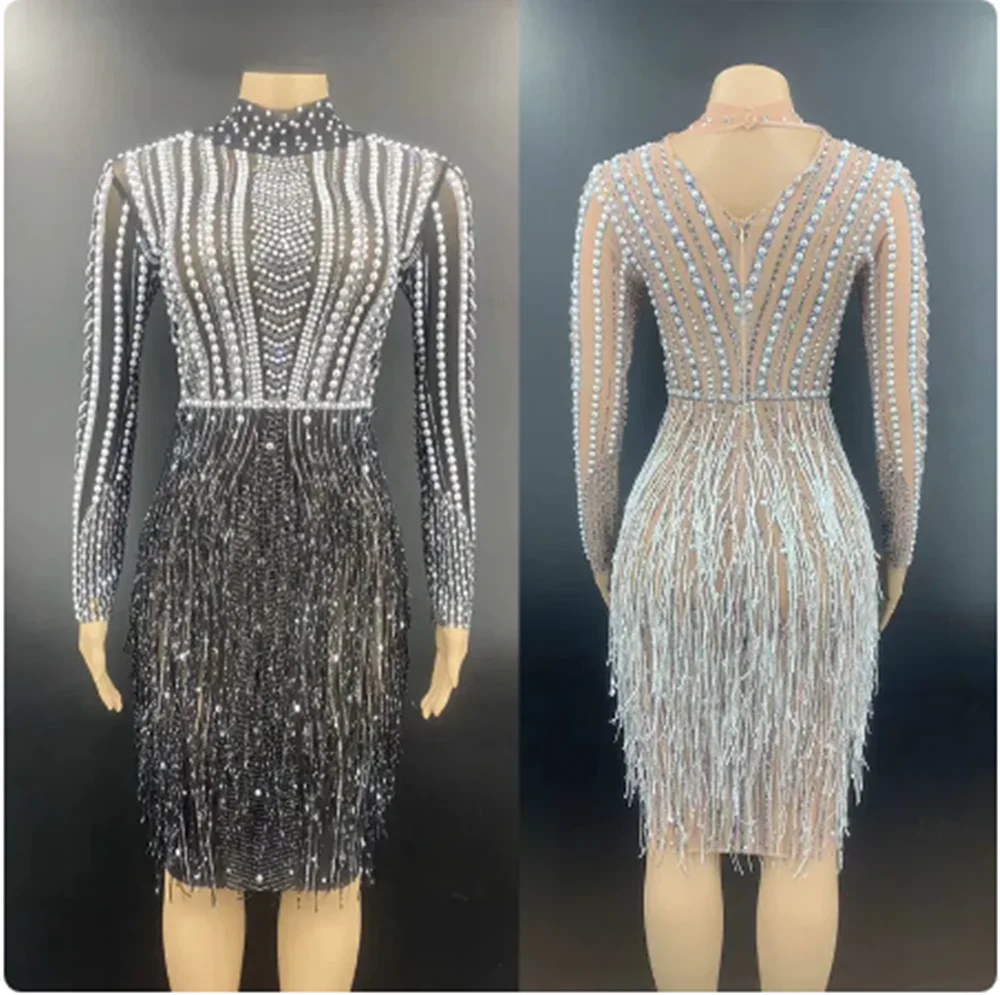 Female Stage Costume Nightclub Singer Sparkly Rhinestone Pearl Fringe Eevening Dress Host Clothing Cocktail Party Dresses