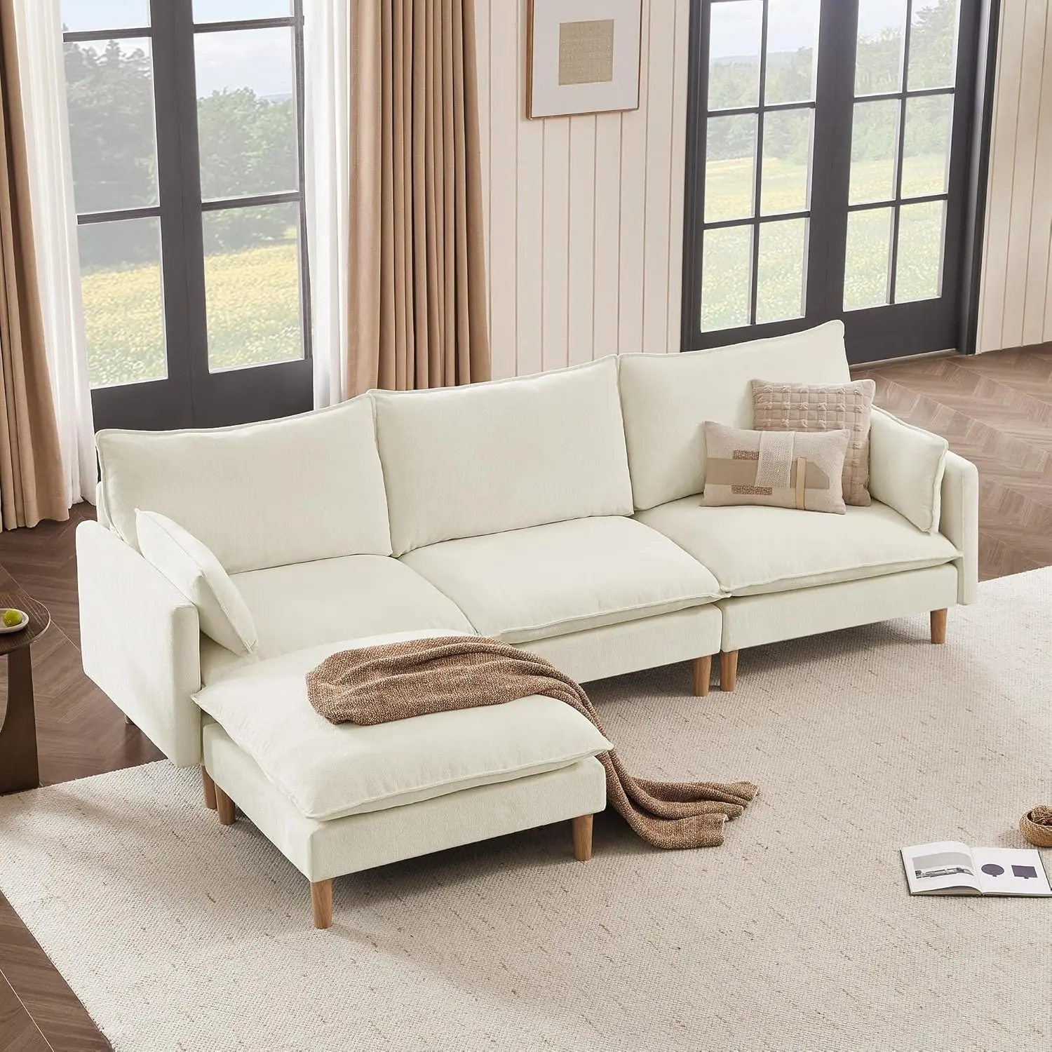 

L-Shape Modular Oversized Sectional Sofa Chenille Removable Cushions Living Room Mid-Century Modern Cream, Customized