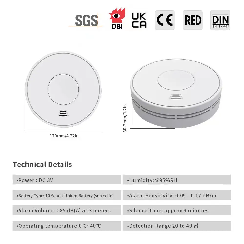 V-COME Standalone Smoke Detector with 10-Year Lithium Battery, Photoelectric Smoke Alarm, CE, UKCA, DIN EN 14604, VS01