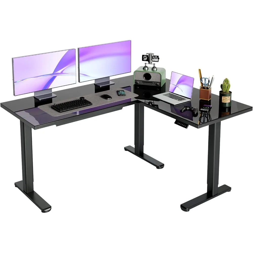 

L Shaped Glass Standing Desk Adjustable Height,Dual Motor Electric Corner Standing Desk with Drawers, Sit Stand up Desk