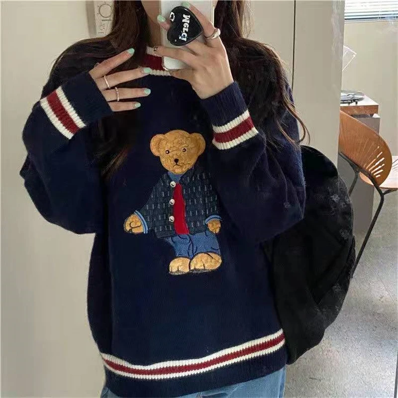 2024 Autumn Winter Women's Vest Japanese Style Cartoon Bear Pullover Vest Sweater Oversize Harajuku Kawaii Clothes Knitted Vest