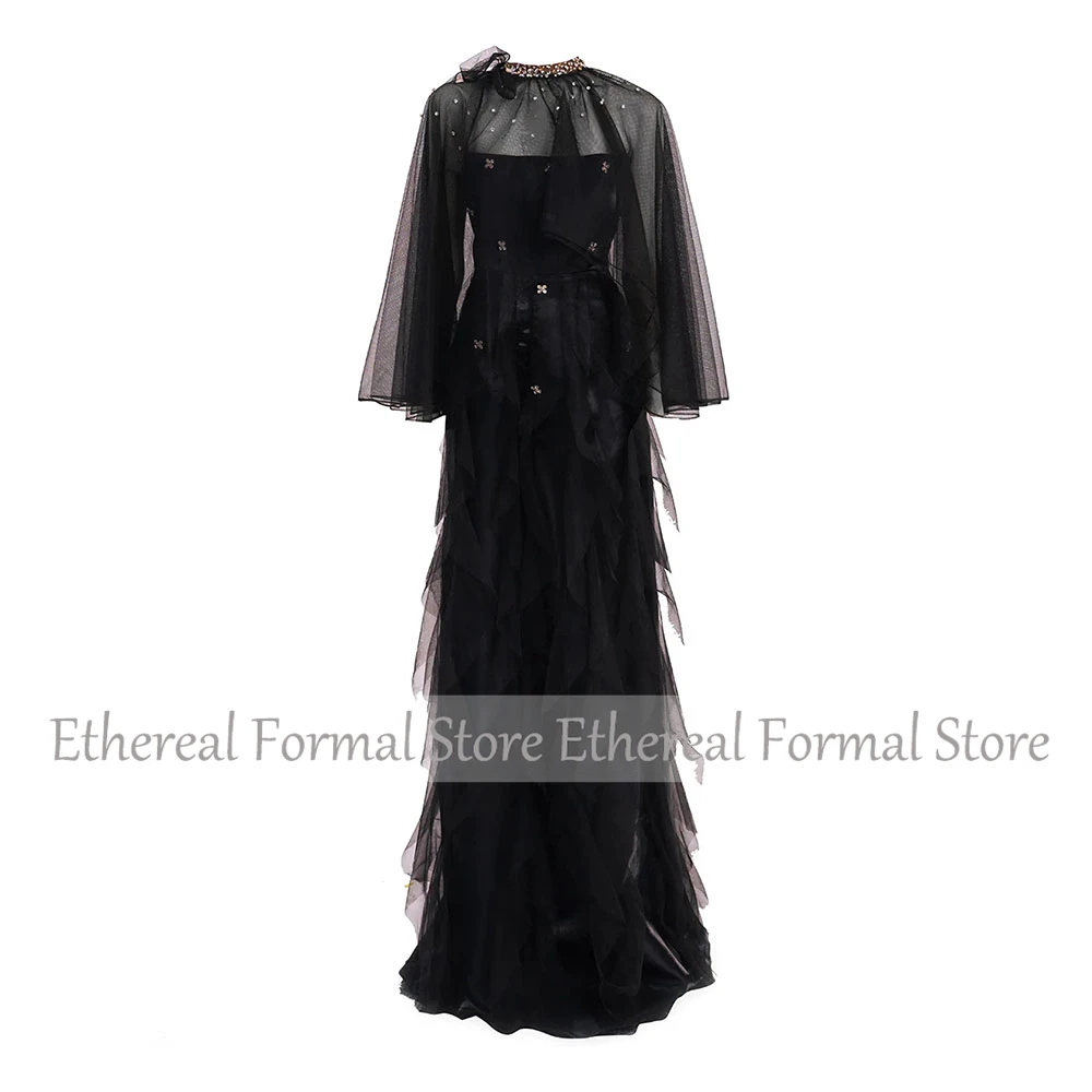 Modernes schwarzes Abendkleid mit Perlenstickerei, trägerloses Meerjungfrau-Damen-Abendkleid mit Schal, ärmellos, Trompete, lange formelle Kleider