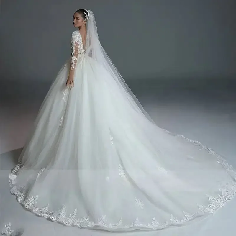 Vinca Sunny Abiti da sposa personalizzati Organza Ricamo Pizzo Perle Principessa Rochii Mireasa Manica intera Robe De Mariee