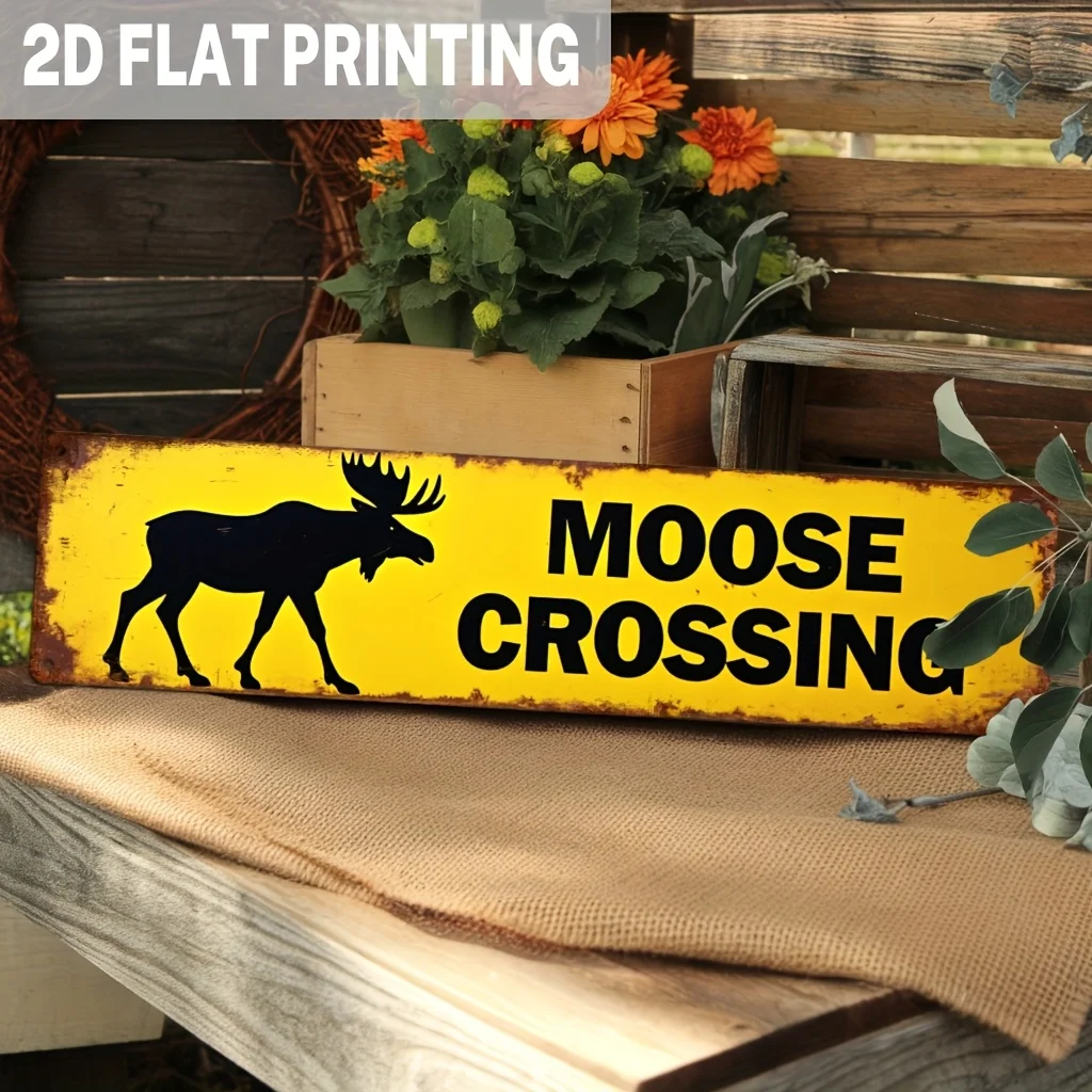 2D Flat, 1pc Vintage Moose Crossing Sign - Rustic Metal Wall Decor with Yellow & Black Moose Silhouette, Durable Iron Wildlife