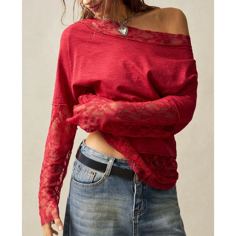 

Combhasaki женские прозрачные лоскутные футболки с цветочной кружевной отделкой и косым воротником с открытыми плечами и длинными рукавами, свободные топы