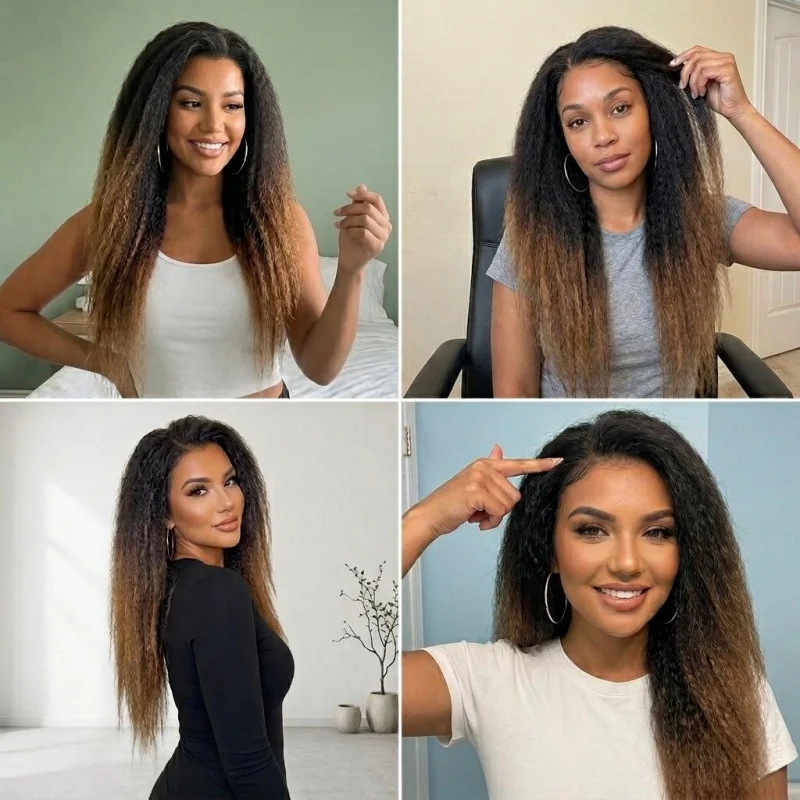 26 Inch 13x4 Lace Front Ombre Black to Brown Kinky Straight Synthetic Wig, Pre Plucked Hairline, Natural Fluffy Heat Resistant view 5