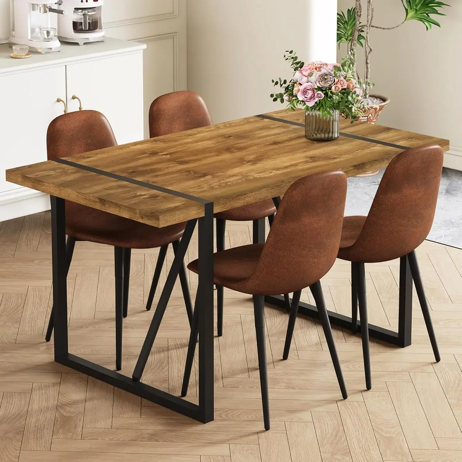 

Rustic 5 Piece Dining Room Table Set For 4 People, Mid Modern 55 Inch Rectangle Wood Kitchen Dining Table With 4 Fabric