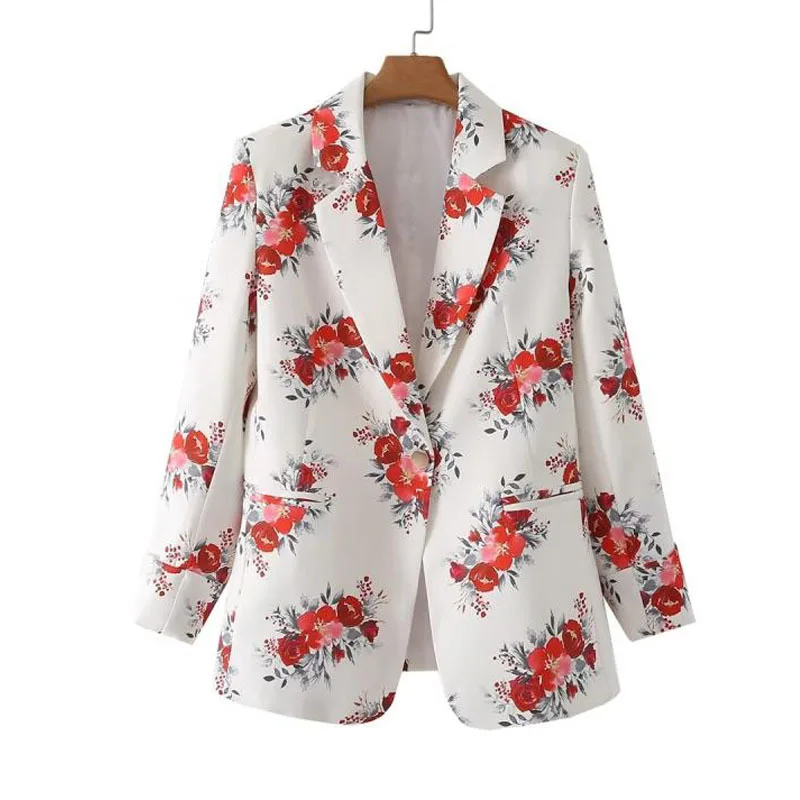 Spring Autumn Floral Printed Suit Jacket Single Button Notched Collar Long Sleeve Loose Female Blazers Casual Fashion Women Coat