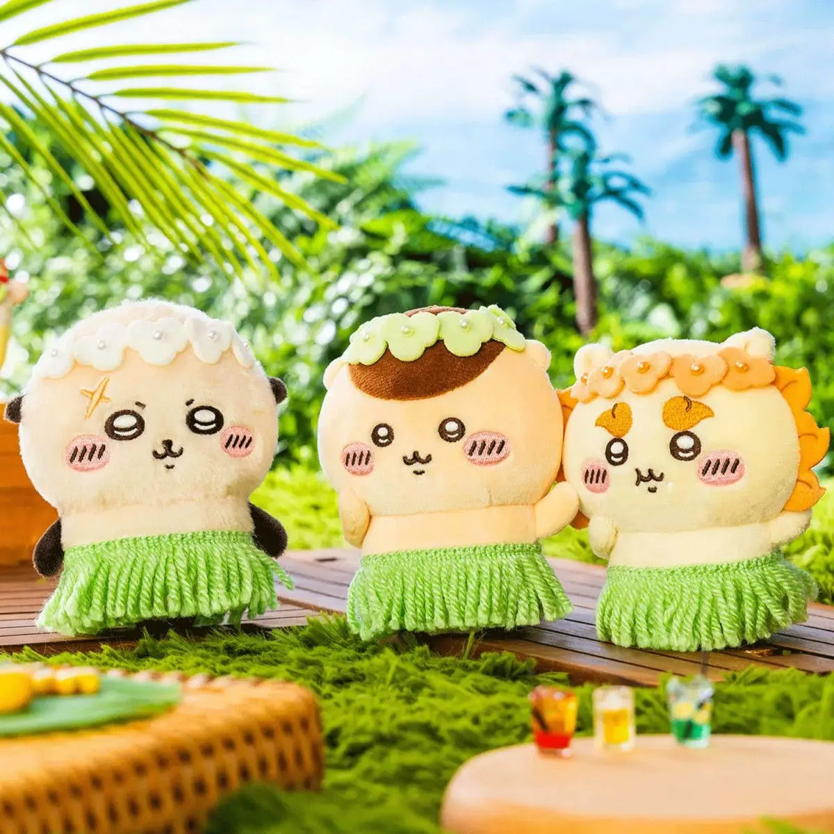 Kawaii Ckw Mermaid Island Plush Pendant Keyring Usagi Hachiware Chii with Grass Skirt  Flower Headband Stuffed Doll Cute Gift
