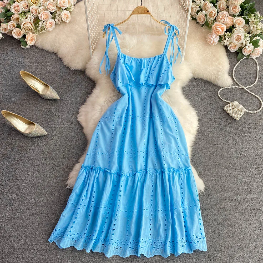 

2023 Beach Vacation Beach Skirt Summer Fashion Style Sentiment Forest Loose Hollow A-line Dress Elegant Strap Long Dress