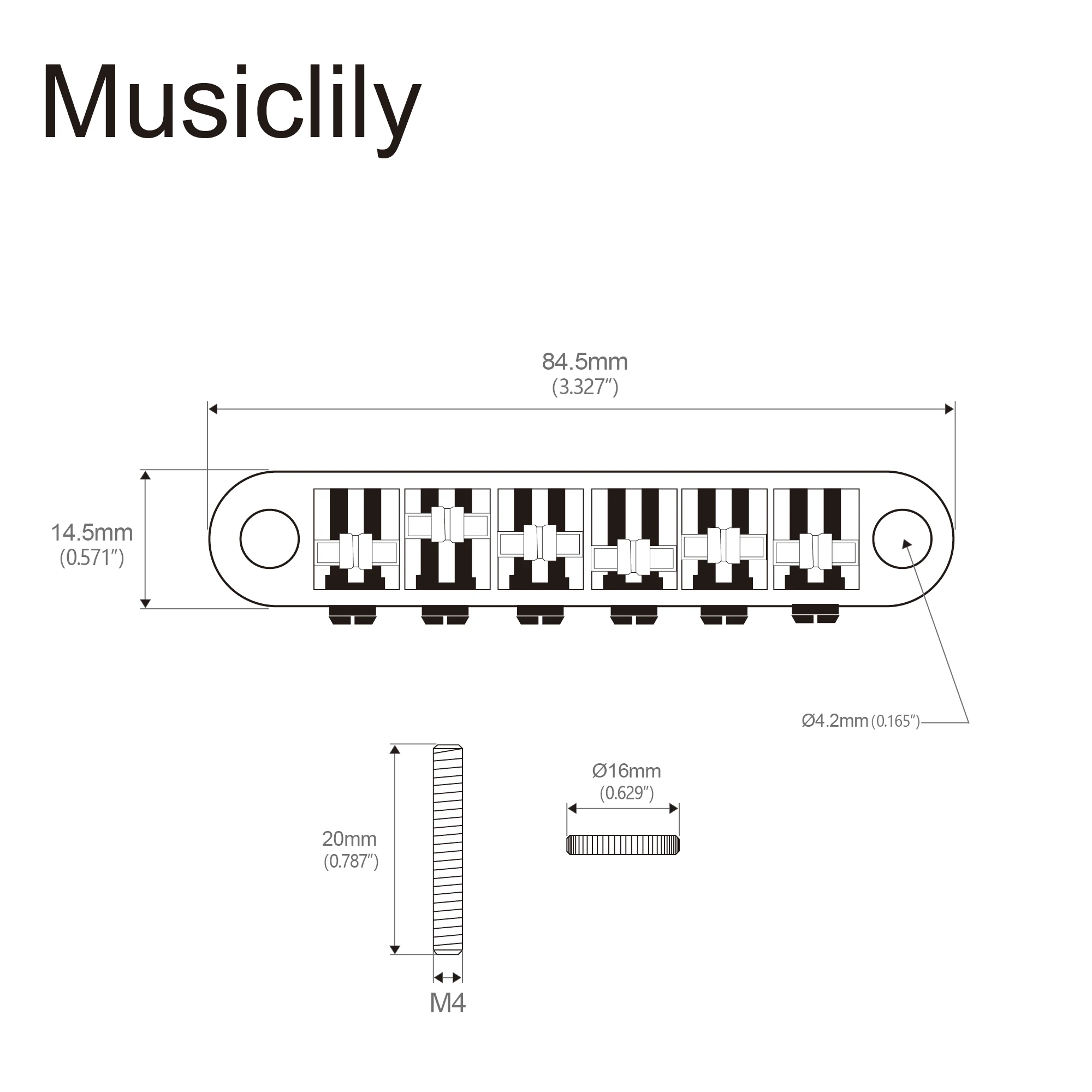 Musiclily Pro 10.4mm Roller Saddle ABR Tune-O-Matic Bridge with M4 Post for Les Paul Style Electric Guitar, Black