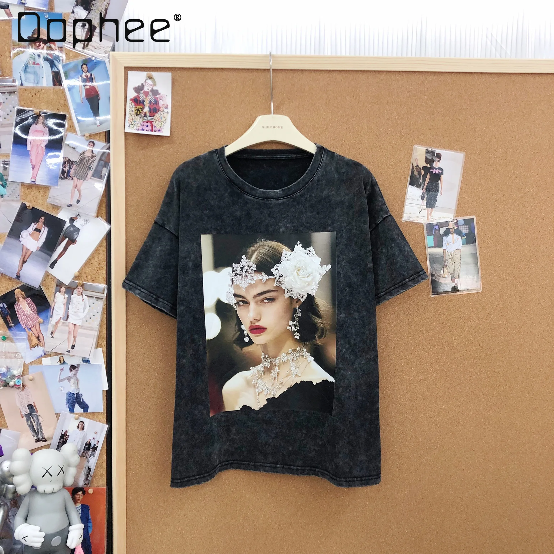 

American Retro Heavy Beaded Character Print Loose Washed Cotton Vintage Round Neck Short Sleeve T-Shirt for Women Tops