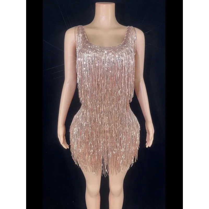 Minigonna attillata senza schienale con nappa Abito da performance sul palco per discoteca DJ Cantante Robe Femme Chic ed elegante Abiti da sera di lusso