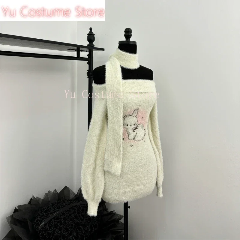 Yu Winter Knit Dolce ed elegante abito da compleanno per donna Slash Neck Y2k Kawaii Abito maglione retrò Stampa femminile Abbigliamento caldo chic