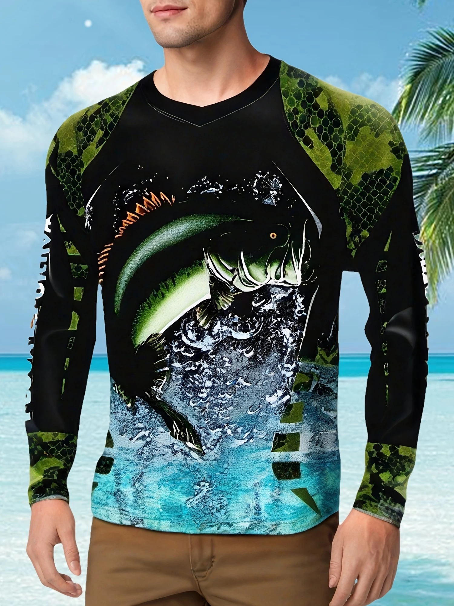 Largemouth Bass Jump Water Print Long Sleeve V Neck Fishing Shirt Family Matching Angler Outdoor Camouflage Casual Daily Top