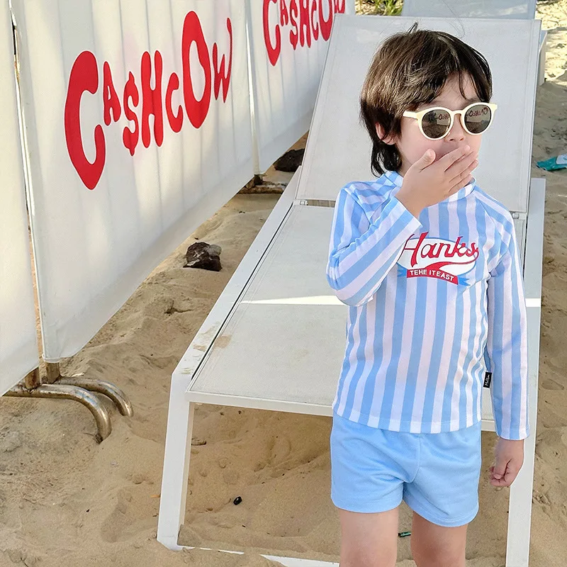2026 Summer Children's New Striped Split Long Sleeve Sunscreen Quick Drying Swimsuit Set