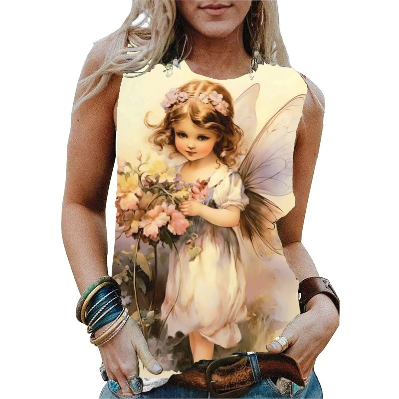 Fashion Summer Angel 3D Print Tank Tops Women Streetwear Casual Oversized O-Neck Vest Off Shoulder Sleeveless Woman Camisole