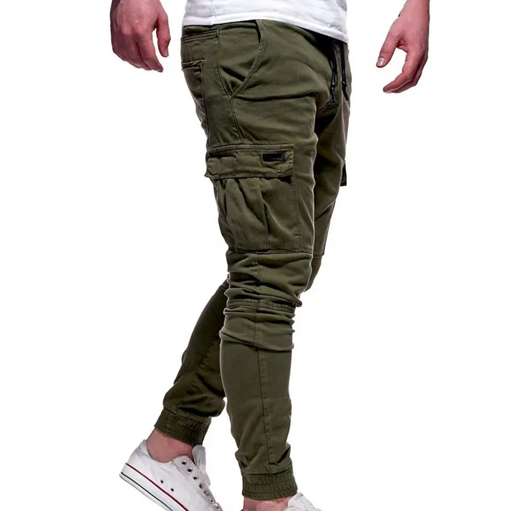 2025 Drawstring Multi Pockets Cargo Pants Solid Color Full Length Men Loose Multi Pockets Sweatpants Outdoor Activities Trousers