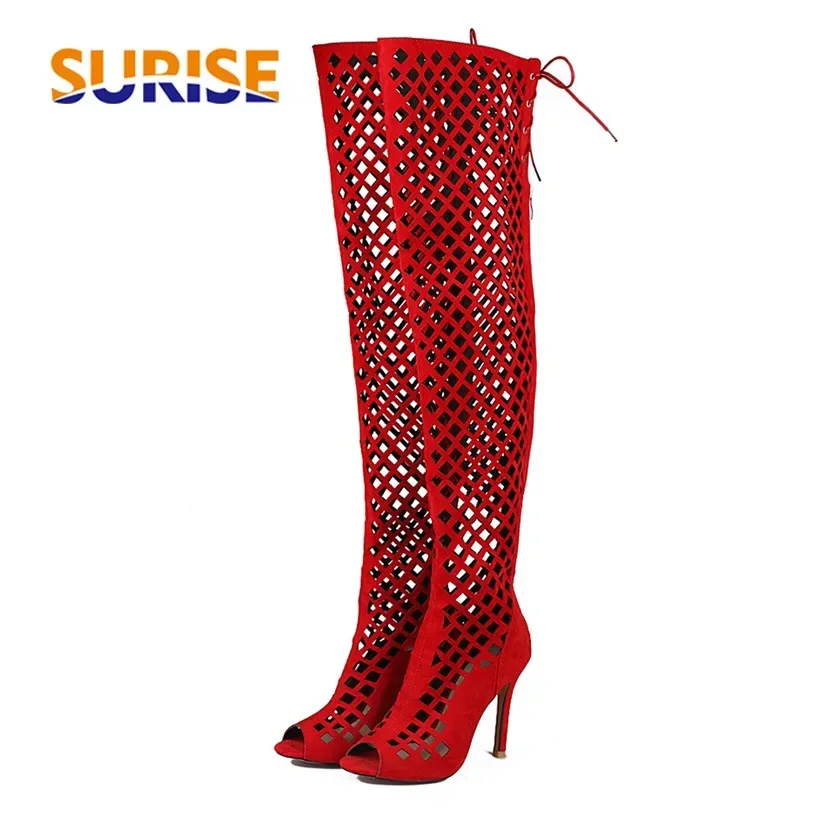 Summer Women Thigh High Gladiator Boots High Thin Spike Heel Open Toe Cutout Red Flock Lace Zipper Lady Sexy Over The Knee Boots