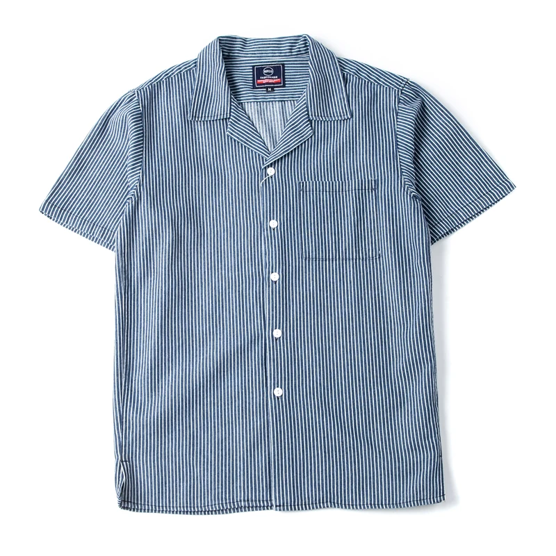 

American Stripe Short Sleeve Men's Cuban Collar Jeans Casual Loose Style Hong Kong Style Top Khaki Summer Youth Fashion