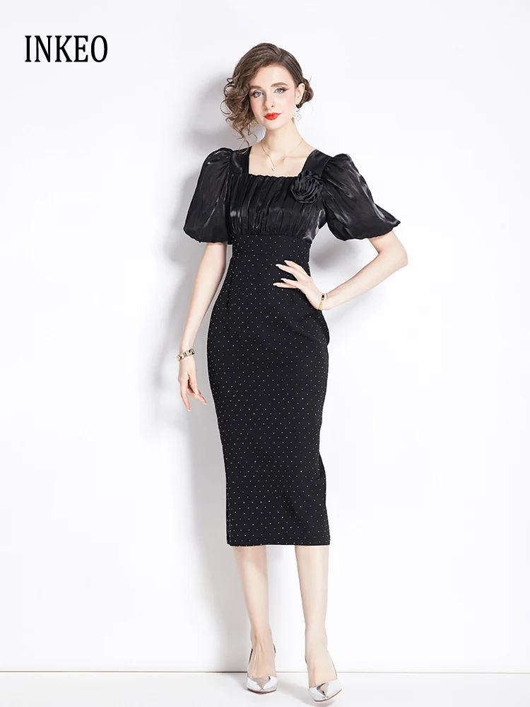 

Elegant Rhinestone Pleated Midi dress for women 2025 Collection Fashion Short sleeve Patchwork dresses Slim Summer INKEO 4D168