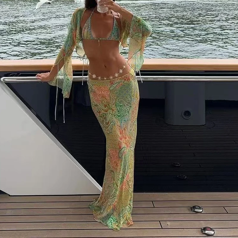 

2025 Tropical Plant Lace Up Summer Swimsuit Hot Woman Sleeveless Halter Micro Thong Bikini Set Ladies Beach Swim Bathing Suit