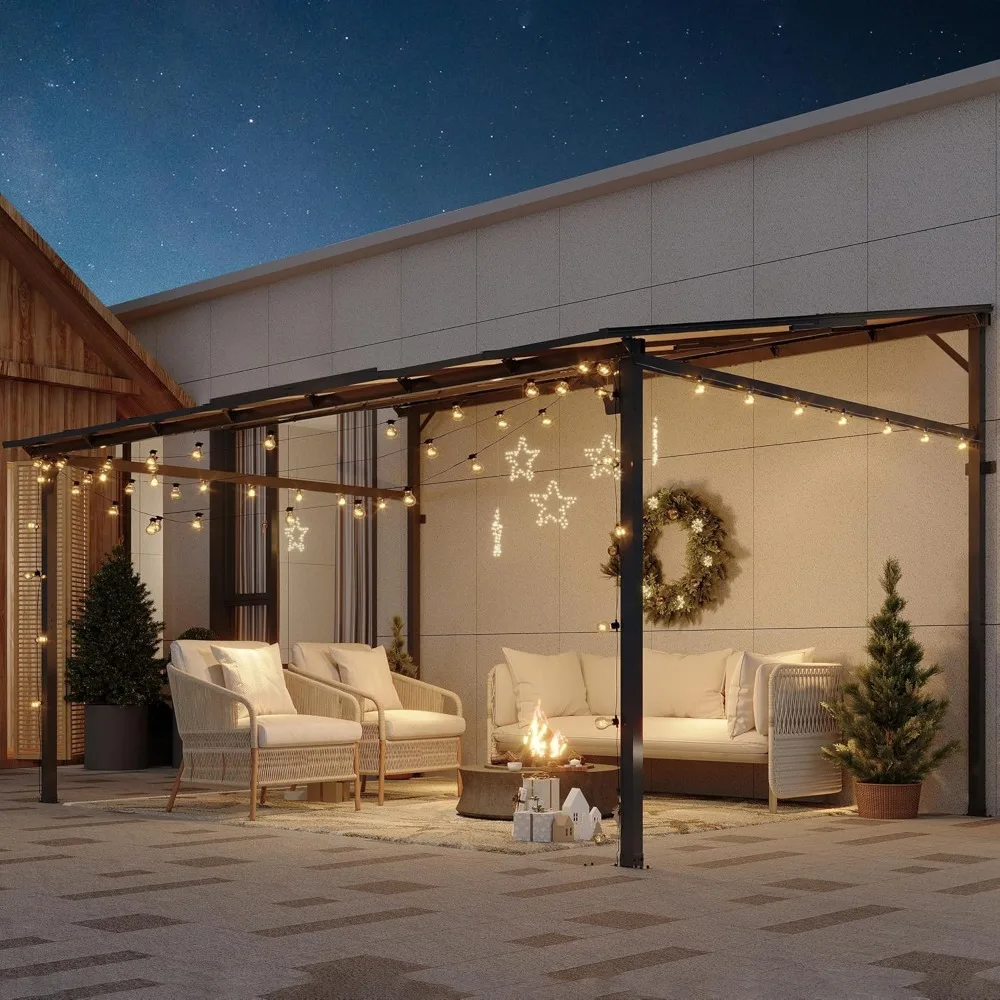 

12’ x 14’ Gazebo, Outdoor Pergolas and Gazebos on Clearance, Hard Top Lean to Gazebo with Metal Frame, Pergola Wall Mounted