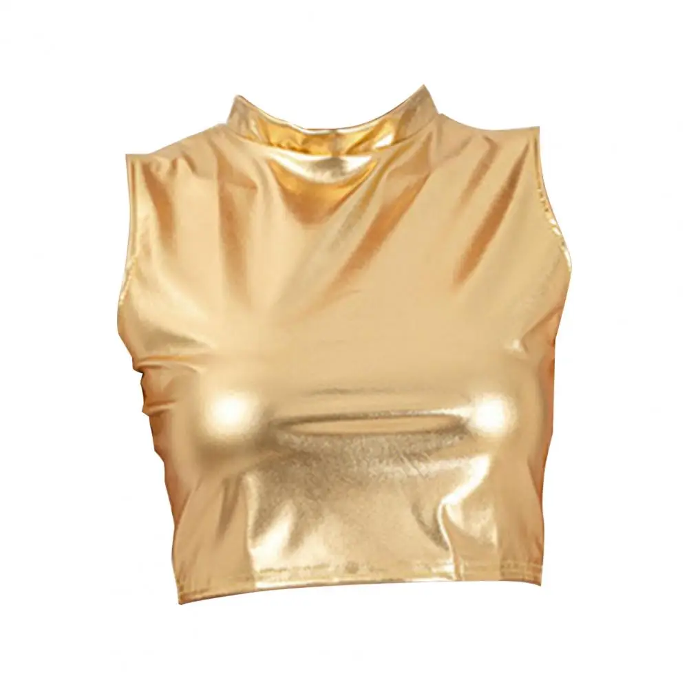 

Women Crop Top Sleeveless Round Neck Glossy Short Waist-exposed Slim Fit Pullover Club Party Performance Tank Top
