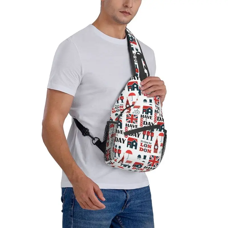 Mochila cruzada con diseño de Reino Unido y Londres para hombre, bolso de hombro para el pecho, mochila de viaje con diseño británico