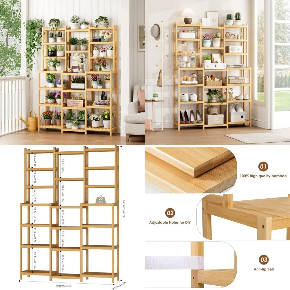 

7-ярусная бамбуковая подставка для растений, 3-рядная книжная полка-лестница, регулируемая подставка для дома и балкона