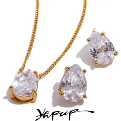 Yhpup Delicate Shiny Cubic Zirconia Stainless Steel Water Drop Pendant Necklace Stud Earrings Waterproof Jewelry Chic Party Gift